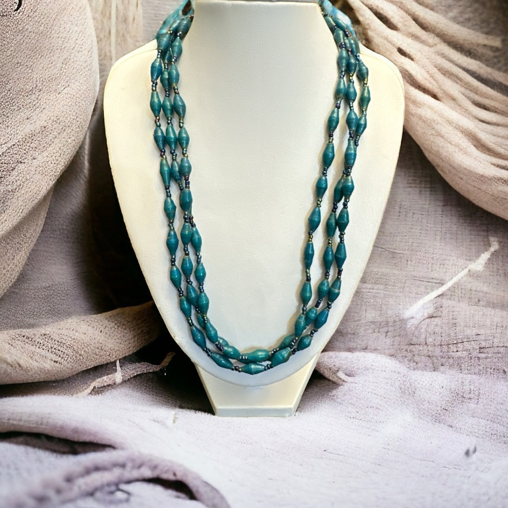Vintage Hand Made Paper Bead 3 Strand Necklace with Iridescent Glass Seed Beads